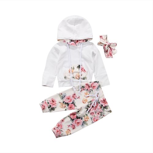 3PCS Toddler Baby Girl Clothes Hooded Tops Floral Pants Infa