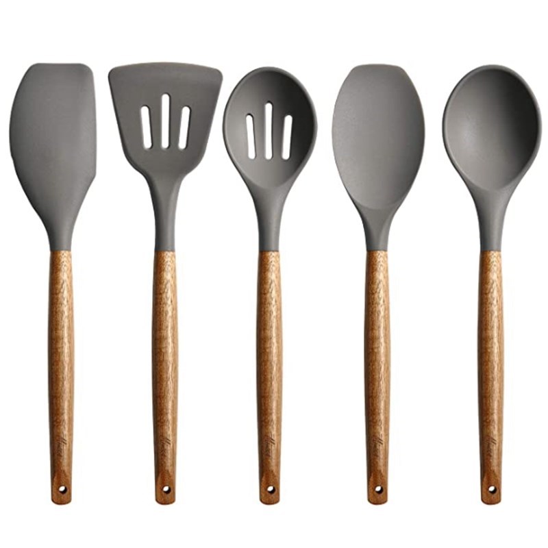 Set of 5 Silicone Cookware Set, Wooden Handle Spatula, Spoon