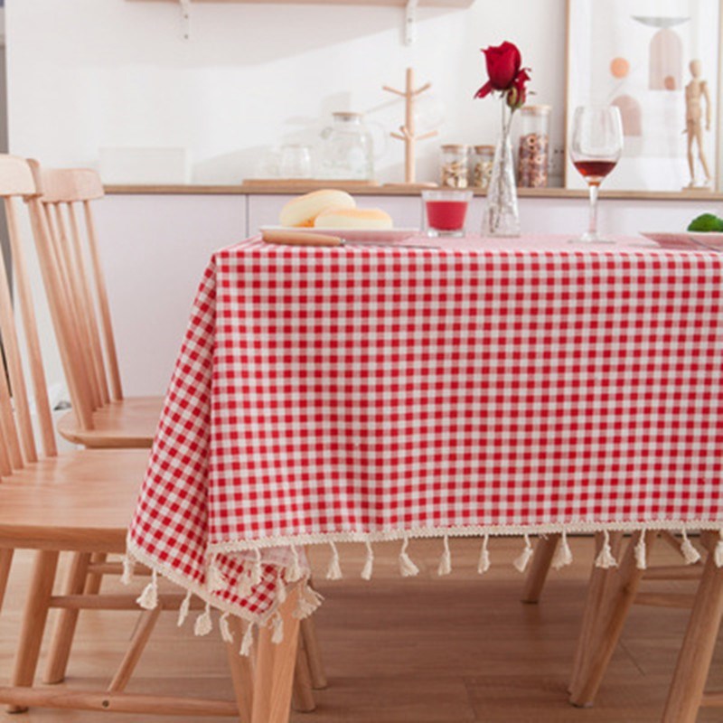 Red Plaid Striped Line Tablecloth With Tassel Vintage Rectan