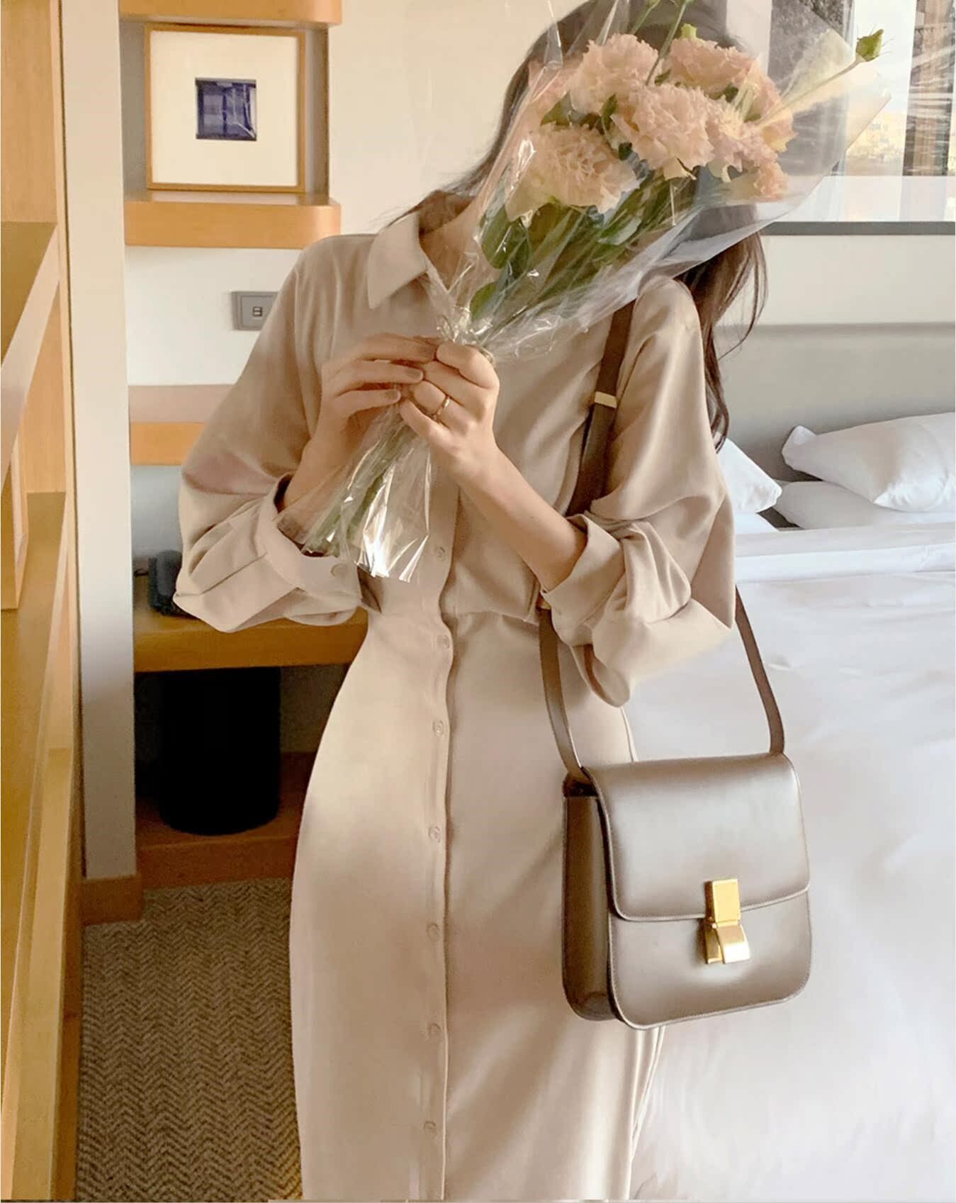 Shirt Dress Women Spring Long Lantern Sleeve Turn-Down Colla