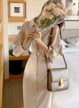 Shirt Dress Women Spring Long Lantern Sleeve Turn-Down Colla