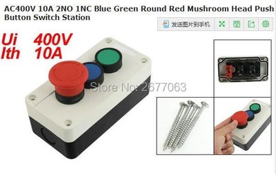AC400V 10A 2NO 1NC Blue Green Round Red Mushroom Head Push B