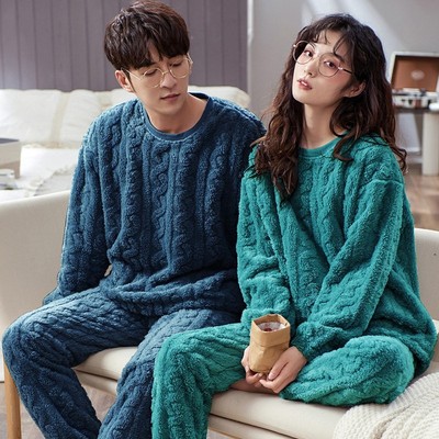 Warm Winter Men's Flannel Pajamas Set Soild Leisure Sleepwea