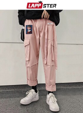 LAPPSTER Ribbons Streetwear Cargo Pants 2021 Overalls Men Po