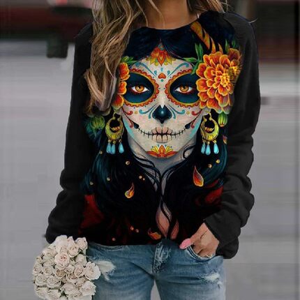 Black Color Skull Print Pullover Shirt Women 2021 Spring Abs