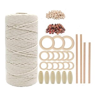 Natural Macrame Cord Kit 100M 3mm Cotton Rope with Wooden Ri