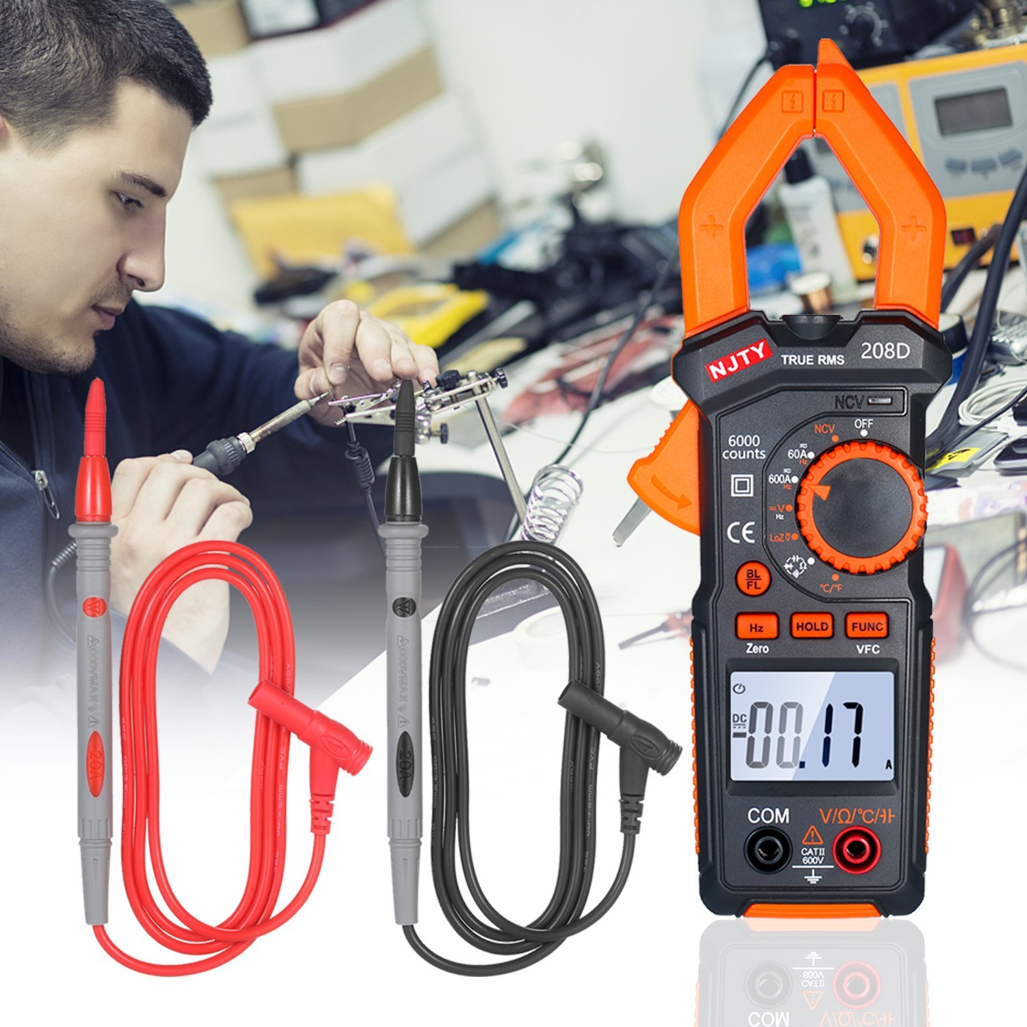 NJTY 600A AC/DC Digital Clamp Meter with Temperature Auto Ra