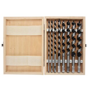 8pc Carbon Steel Auger Drill Bit Set Wooden Case Machined He