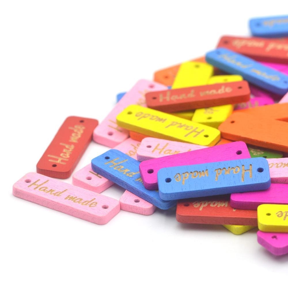 50Pcs Wooden Handmade Design Label Tags Sewing 2 Holes Color