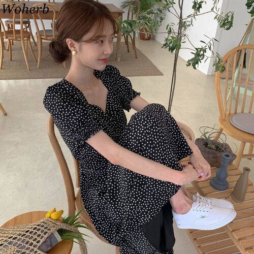 Woherb Women Dress Korean Fashion New Clothes Vintage Square