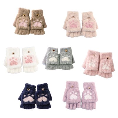 HXBA Cartoon Cat Paw Gloves Winter Knit Gloves Plush Fingerl