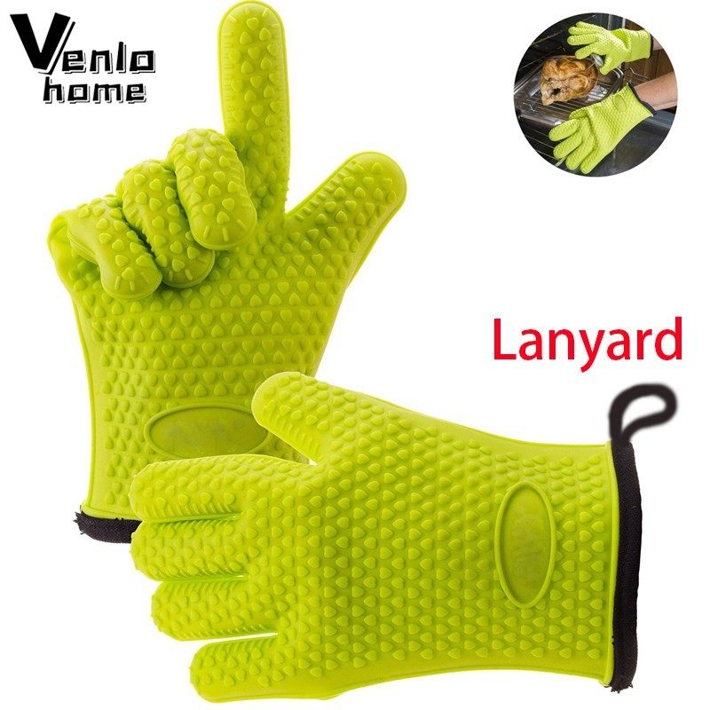 1/2Pc Silicone Glove With Lanyard Kitchen Grilling Gloves Ov