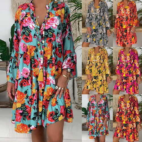 2020 Women Summer Dress Boho Style Three Quarter Sleeve Flor