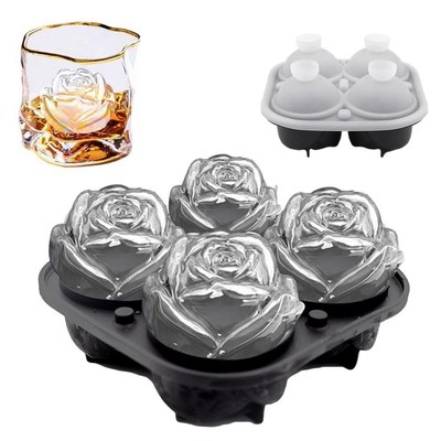 4 Grid 3D Rose Flower Ice Cube Mold Trays With Removable
