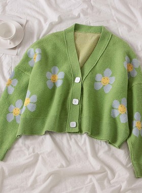 Preppy Style Flower Knit Cardigans Sweater Women V Neck Loos
