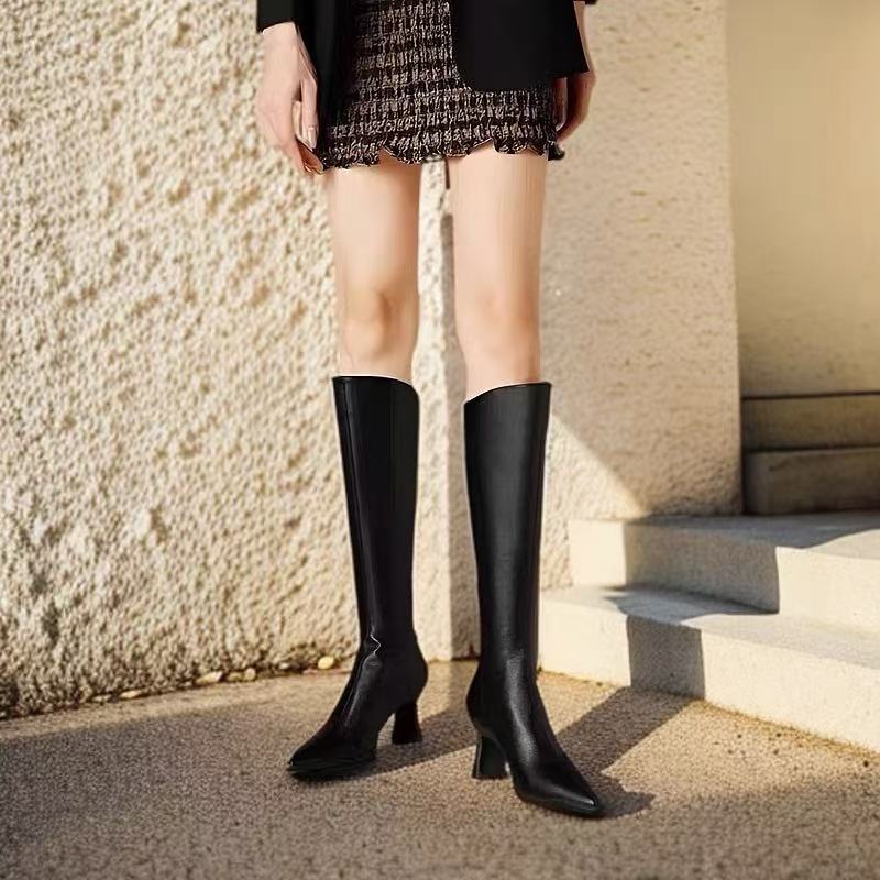 尖头长筒靴女新款秋冬真皮黑色长靴小个子靴子高跟鞋高筒靴9306