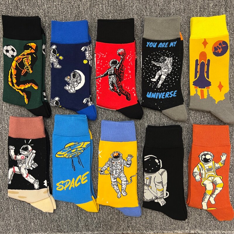 happysocks男袜子瑞典潮牌嗨皮中筒袜太空人星球大码彩色卡通花袜
