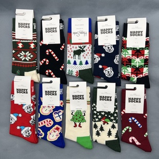 happysocks圣诞袜子姜饼人女士四季纯棉中筒袜新年节日喜庆红袜子