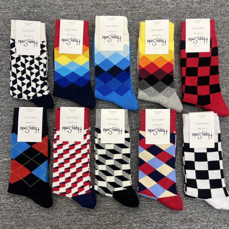 happyscoks男士菱形格袜子瑞典时尚潮袜个性四季款纯棉大码中筒袜