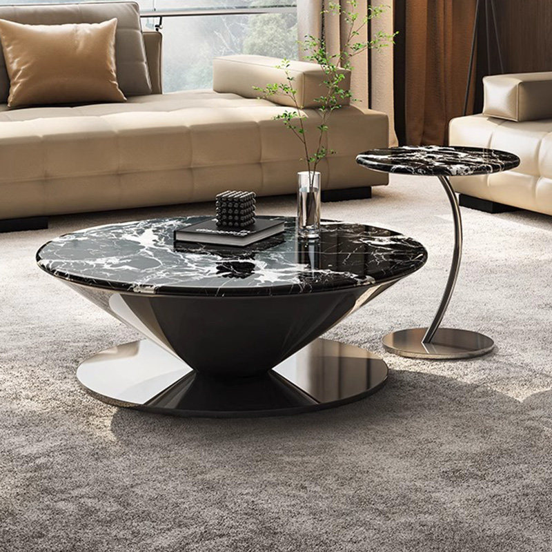 天然大理石圆形茶几组合家用高档奢石宝格丽黑意式轻奢高级感佛山