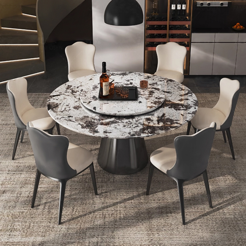雪山飞狐天然奢石圆餐桌轻奢高级感别墅圆形大理石餐桌带转盘佛山