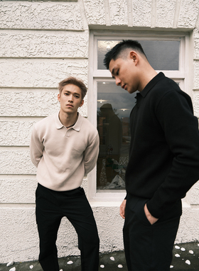 GTAL美式630g重磅海鸥领14针54支双股毛衣老钱风长袖翻领针织衫