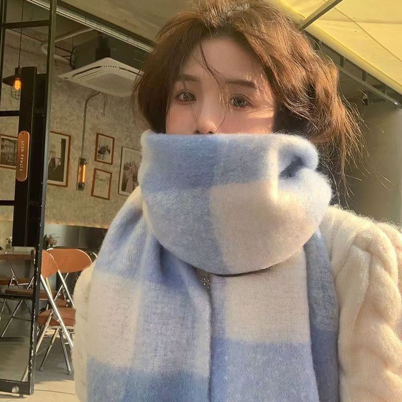 虞书欣蓝色围巾女秋冬季高级感加厚格子披肩韩系百搭学生保暖围脖