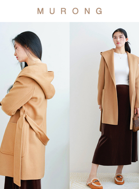 M家连帽高支小羊绒双面呢大衣系带拱针浴袍中长款外套25秋冬新款