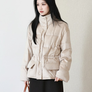 奢暖驼绒绢丝90%白鹅绒短款羽绒服复古立领收腰外套轻便保暖冬女