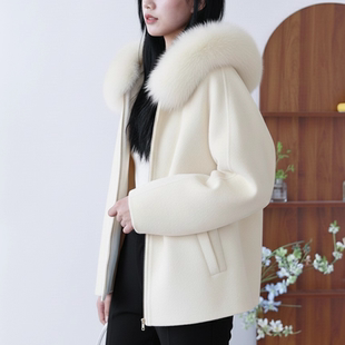 重磅狐狸毛领羊驼羊毛连帽双面呢短款大衣慵懒休闲拉链外套洋气女