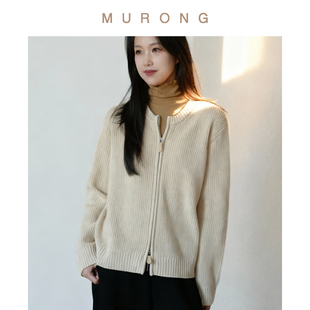 重磅560g 老钱风坑条圆领毛衣保暖女 100%澳羊毛双头拉链针织开衫