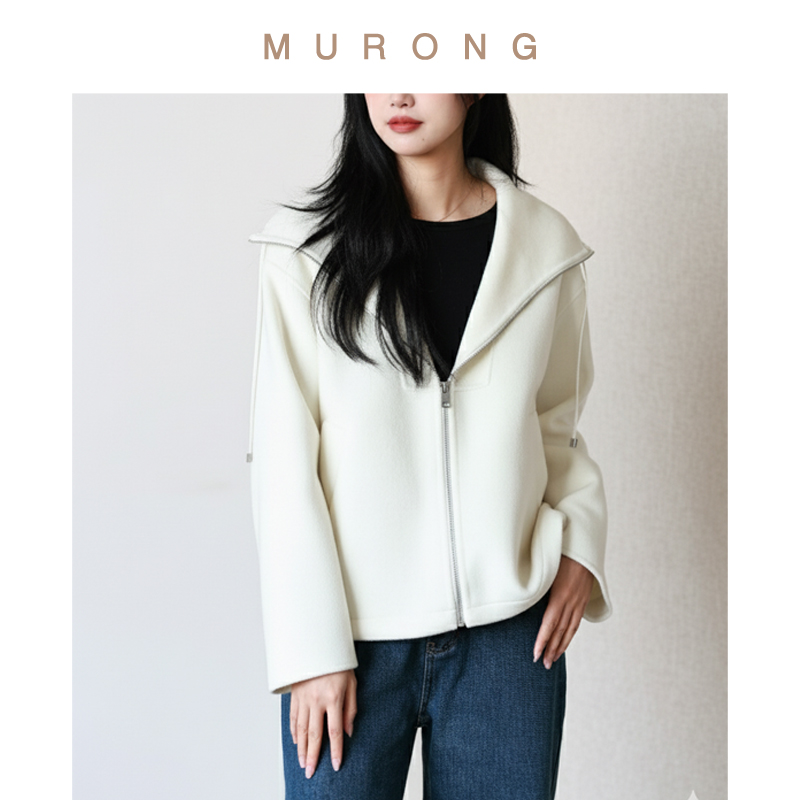 高支小羊绒拉链双面呢大衣通勤风翻领短款毛呢外套宽松简约纯色女