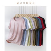 再生纤维桑蚕丝圆领t恤简约纯色短袖 透气柔软冰感v领上衣套头汗衫