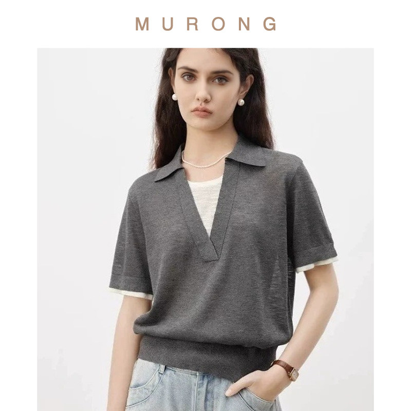 简约知性羊毛剪刀翻领撞色假两件上衣百搭套头针织短袖通勤休闲女,女装/女士精品,毛针织衫,淘宝优惠券,粉丝福利购,淘宝优惠卷