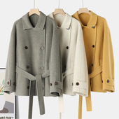 轻奢英伦风羊驼羊毛双面呢翻领大衣百搭双排扣系带外套短款 小个子