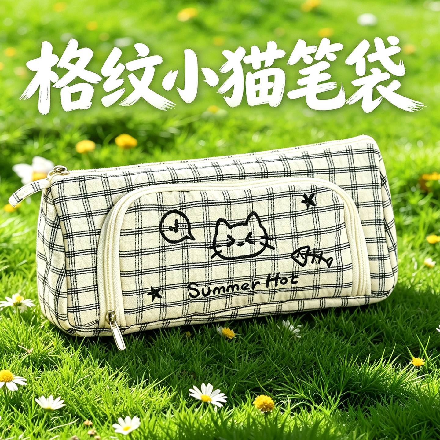 格纹小猫刺绣笔袋~大容量高颜值