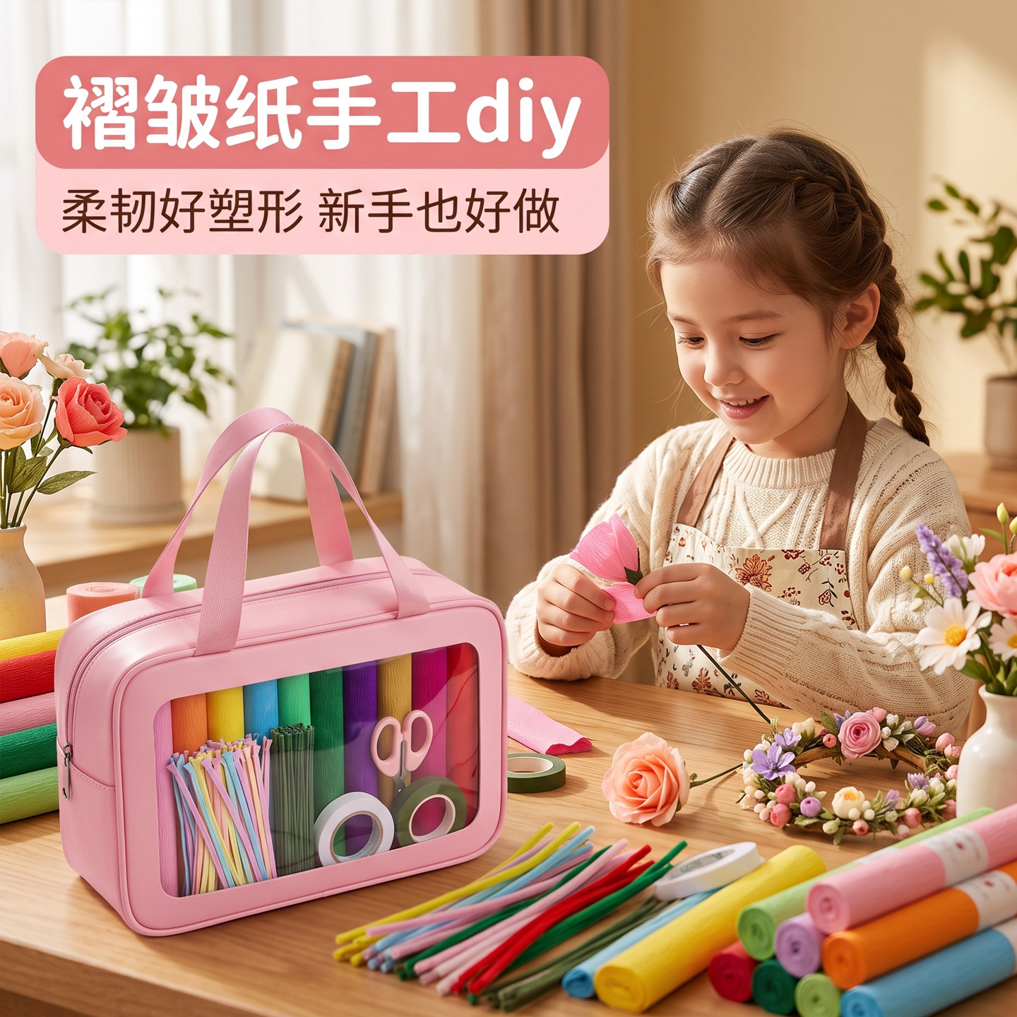 皱纹纸折纸褶皱纸儿童手工材料手揉纸彩纸幼儿园小学生专用剪纸彩色加厚纹理纸手工花束康乃馨diy材料包