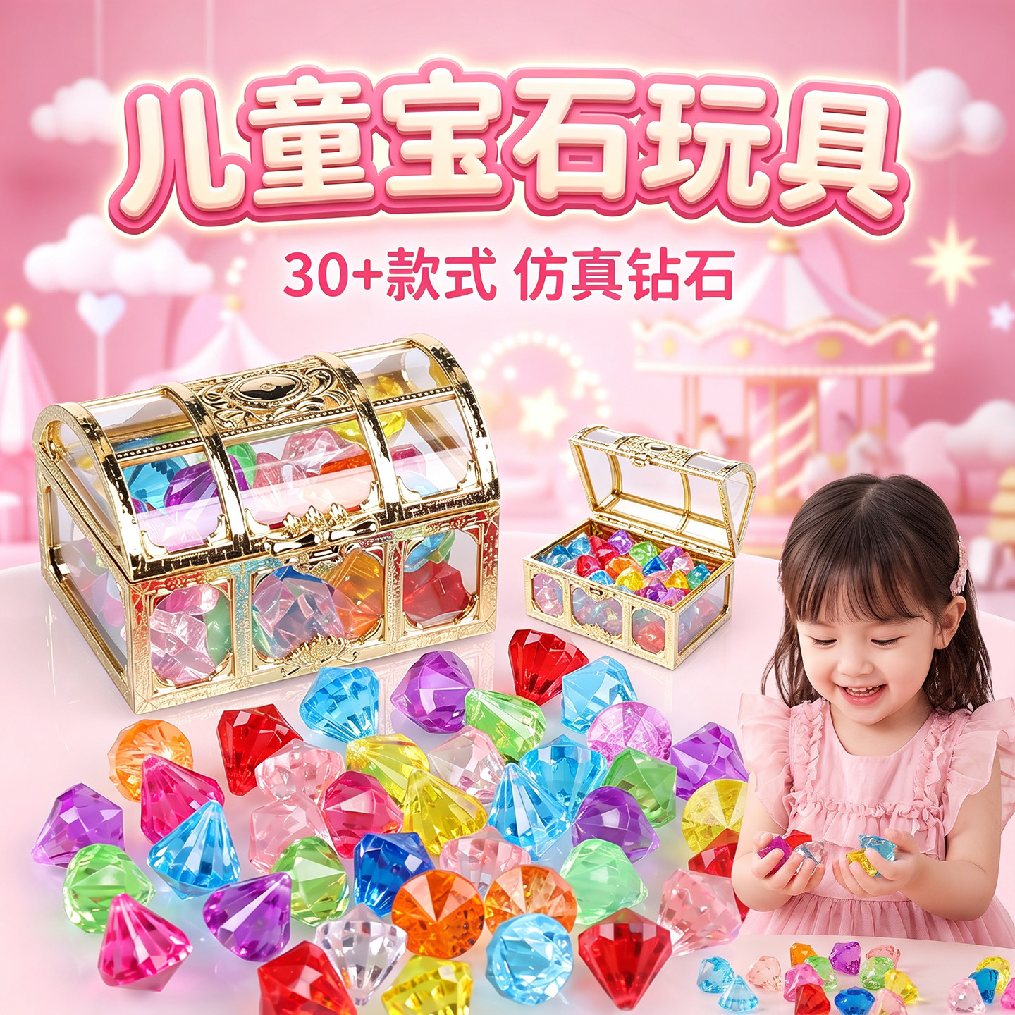 儿童宝石玩具水晶钻石彩色亚克力爱心宝藏宝箱送小孩子生日礼物