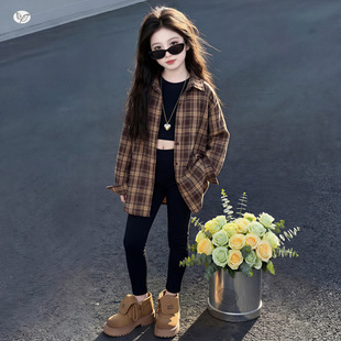 美拉德格子衬衫女童春秋2026年新款中大童韩系外套中长款衬衣
