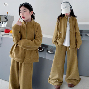 女童烫钻套装2026年春季新款慵懒风立领外套阔腿裤中大童休闲春装