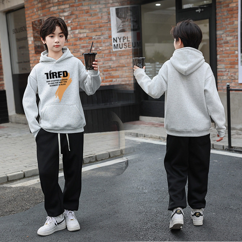 男童加绒秋冬套装中大童港风套头加厚保暖运动服儿童春秋季两件套