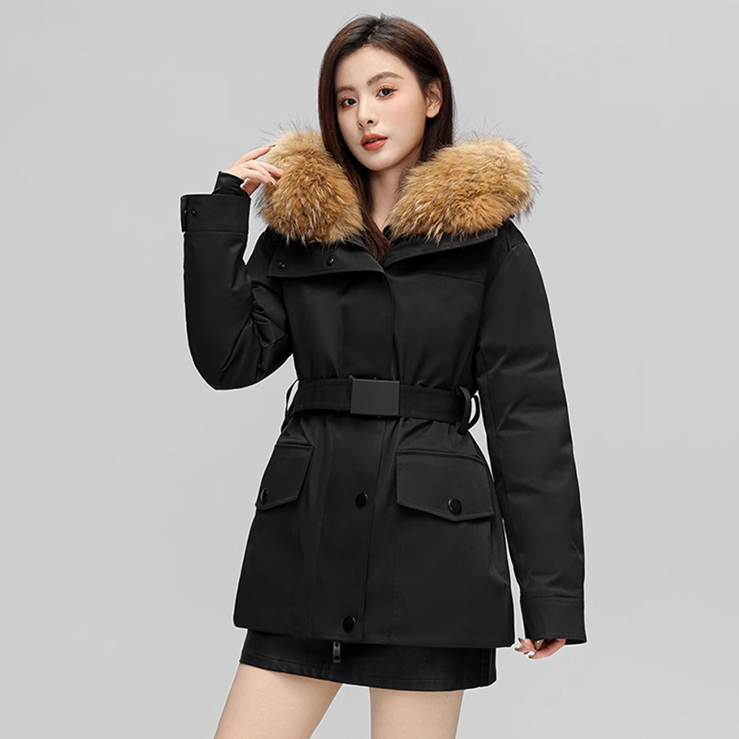 大毛领三防工装羽绒服收腰外套