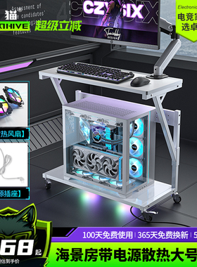 白色海景房主机托架移动收纳架可夹机械臂机箱底托带散热电源插座