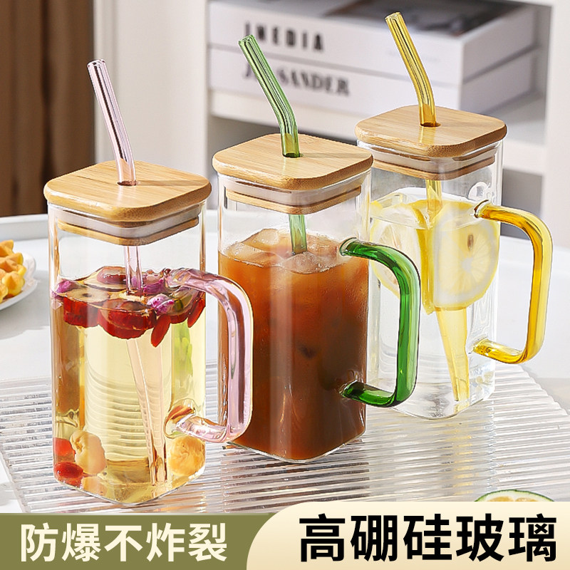 高硼硅方形玻璃杯带把手带盖家用耐高温高颜值2025新款吸管水杯女