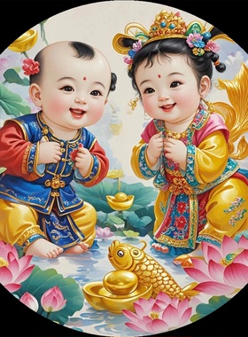 中国风招财福娃宝宝圆形贴纸门窗衣柜玄关客厅墙壁自粘防水贴纸画