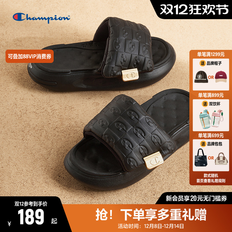 Champion冠军老花拖鞋女25夏季魔术贴一字拖厚底休闲户外沙滩拖鞋