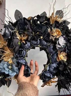 泉州浔埔女仿真花围超仙发饰网红写真簪花头饰手工花黑色系