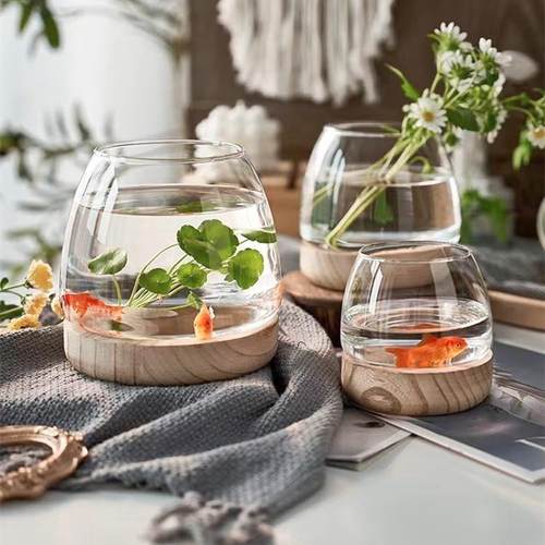 北欧简约ins风创意原木玻璃花瓶水培器皿餐桌装饰品桌面小鱼缸摆