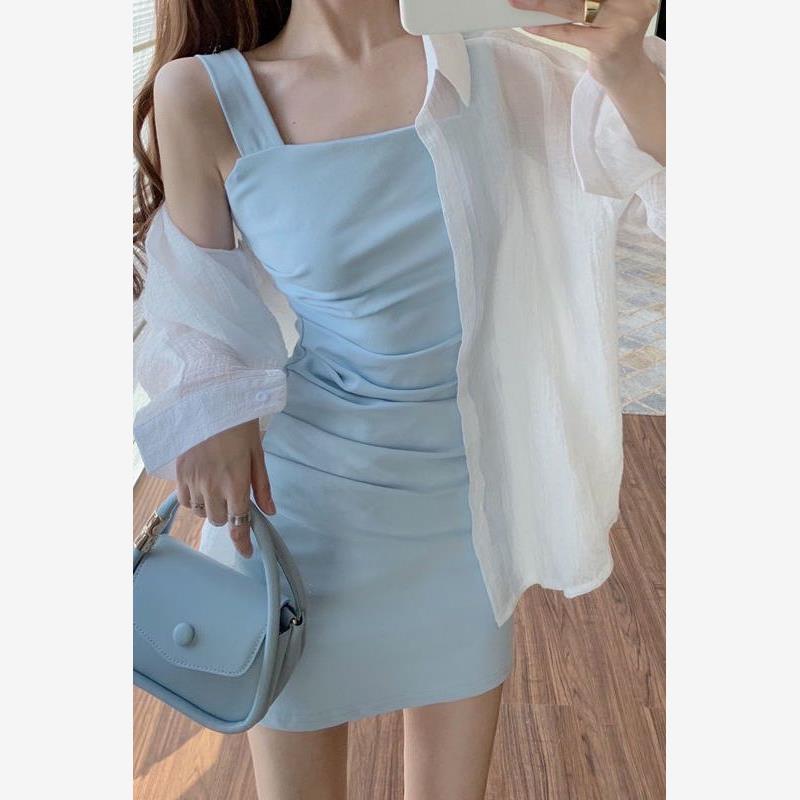 夏季套装女2021新款褶皱吊带背心连衣裙+纯色百搭薄款衬衫两件套