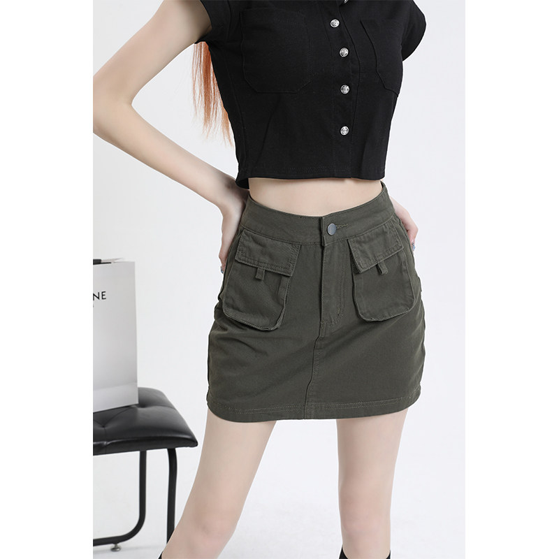 艾芮慕2023春夏新款半身牛仔裙女复古前口袋有内衬灰绿色工装短裙